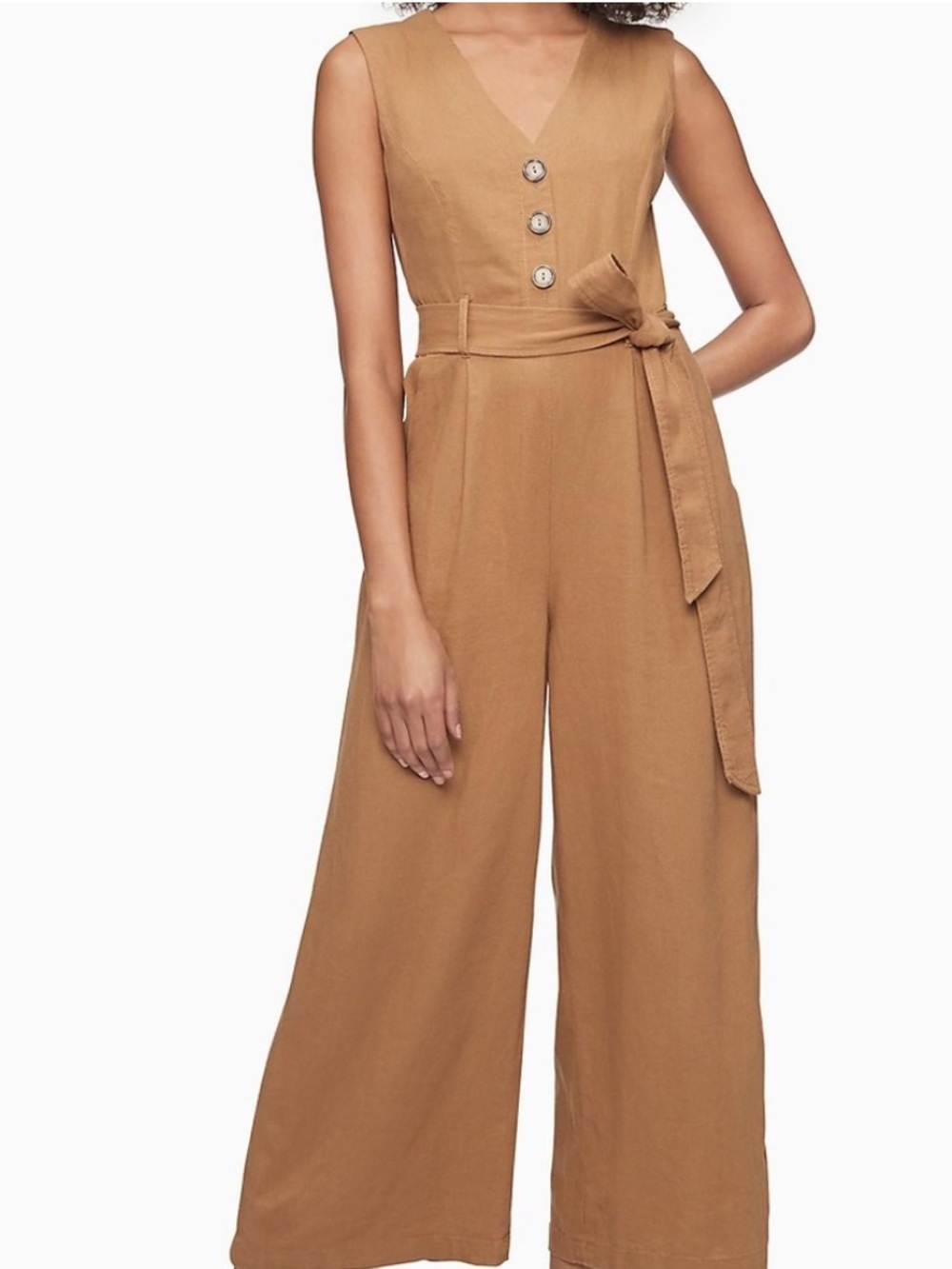 Calvin Klein Sleeveless V-Neck Wide-Leg Jumpsuit in Camel